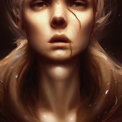 Image similar to foam floats around girl's mouth, closeup photo, dramatic lighting, intricate, wild, highly detailed, digital painting, artstation, concept art, smooth, sharp focus, illustration, art by artgerm and greg rutkowski and alphonse mucha, footage