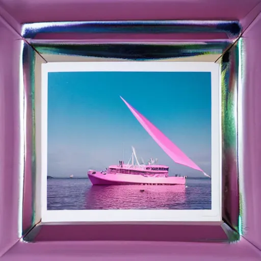 Prompt: a pastel colour high fidelity wide angle Polaroid art photo from a holiday album at a seaside of a large pink ship in the sea surrounded with abstract inflatable parachute furniture, all objects made of transparent iridescent Perspex and metallic silver, a grid of sun beds iridescence, nostalgic