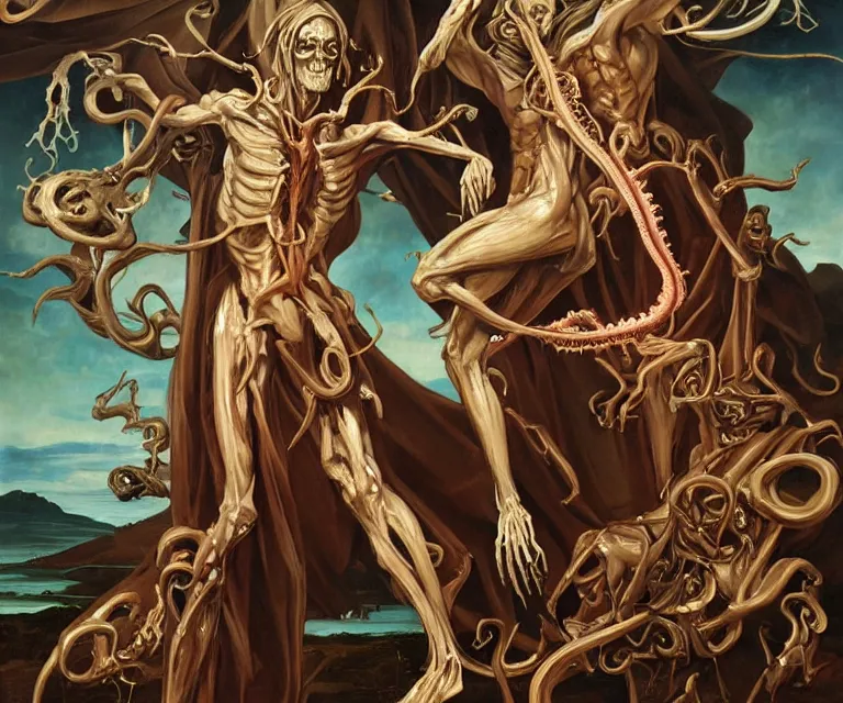 Prompt: elegant renaissance painting of sorceress final boss bodybuilder vecna battle, art by alex ross and peter mohrbacher, epic biblical depiction, flesh and bones, fangs, teths and tentacles, corpses and shadows!