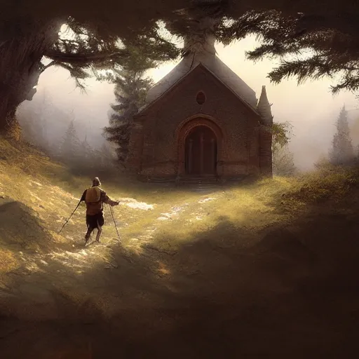 Prompt: hikers coming across a abandoned church in the style of craig mullins