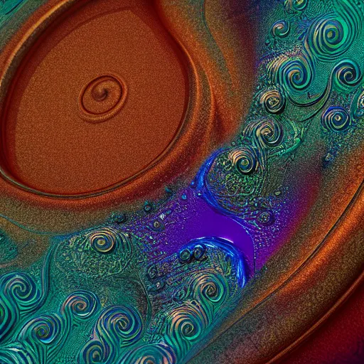 Image similar to Art Nouveau cresting oil slick waves, hyperdetailed bubbles in a shiny iridescent oil slick wave, ornate copper patina medieval ornament, rococo, oganic rippling spirals, octane render, 8k 3D