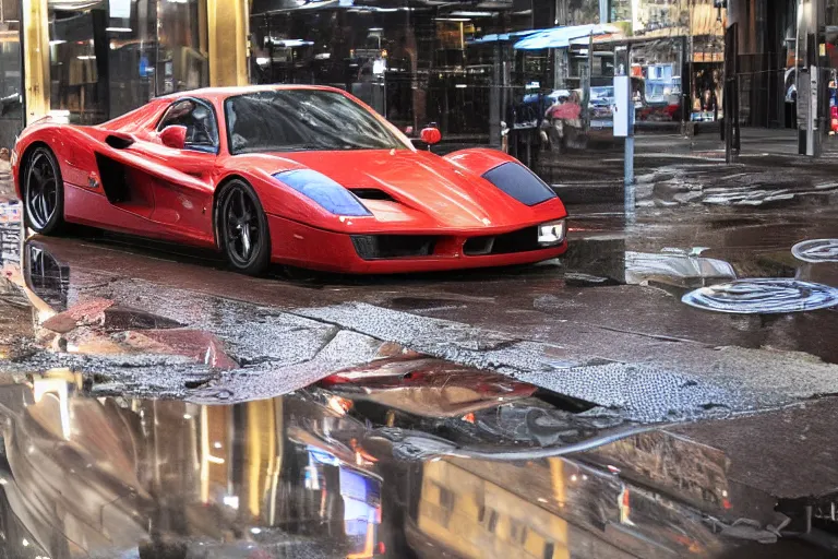 Image similar to a ferrari enzo parked on a rainy city street, reflected in a puddle, neon lights, night time, beautiful lighting