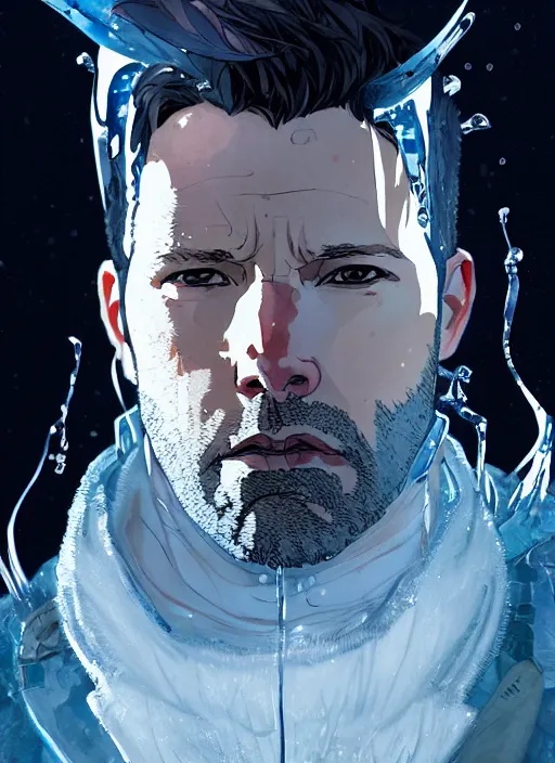 Image similar to character design by james jean, jakub rebelka, tran nguyen, yoann lossel, wadim kashin ( ( ( portrait of ben affleck as ice man from xmen ) ) ) emerging from a frozen icicle portal, sharp edges. ultra clear detailed. 8 k. ultra detailed, majestic, intricate