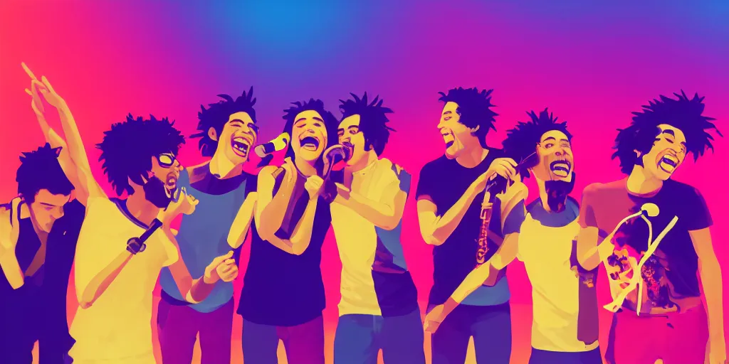 Image similar to four friends laughing and playing with microphone in living room, epic pose, silhouetted, distinct, digital art, vaporwave, psychedelic, surreal, trending on Artstation, professional artist, detailed, 4k