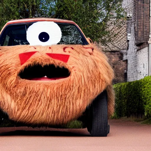 Prompt: hairy flesh covered car with eyes and a mouth