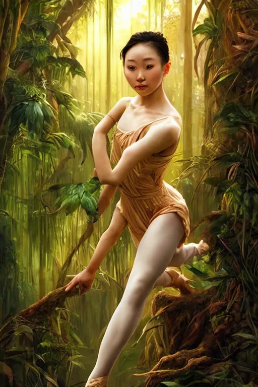 Image similar to stunningly beautiful, asian prima ballerina in jungle, symmetrical face, golden hour, smooth, focus, highly detailed, hyper realistic, dramatic lighting, elegant, intricate, concept art, art by wlop, mars ravelo, greg rutowski