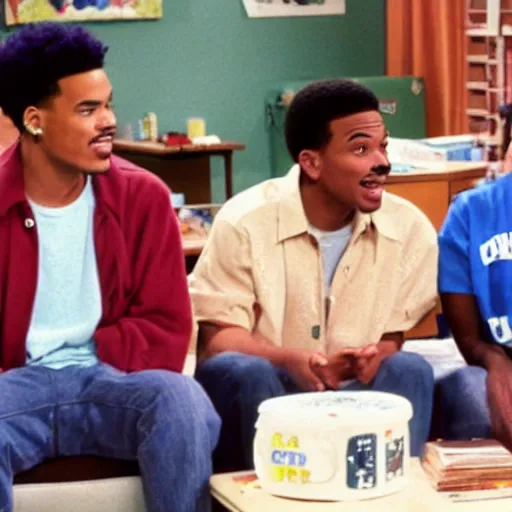 Image similar to a tv still of Chance The Rapper starring as a black college student at Jones College Prep in a 1993 sitcom