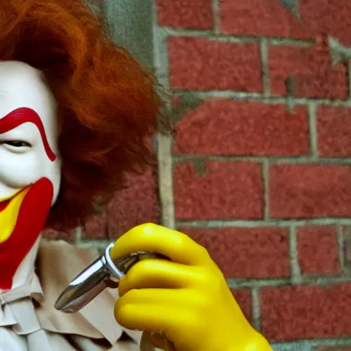 Prompt: ronald mcdonald putting the lotion on its skin or else it gets the hose again, terror, fantasy realism, high quality, sharp focus, dutch angle