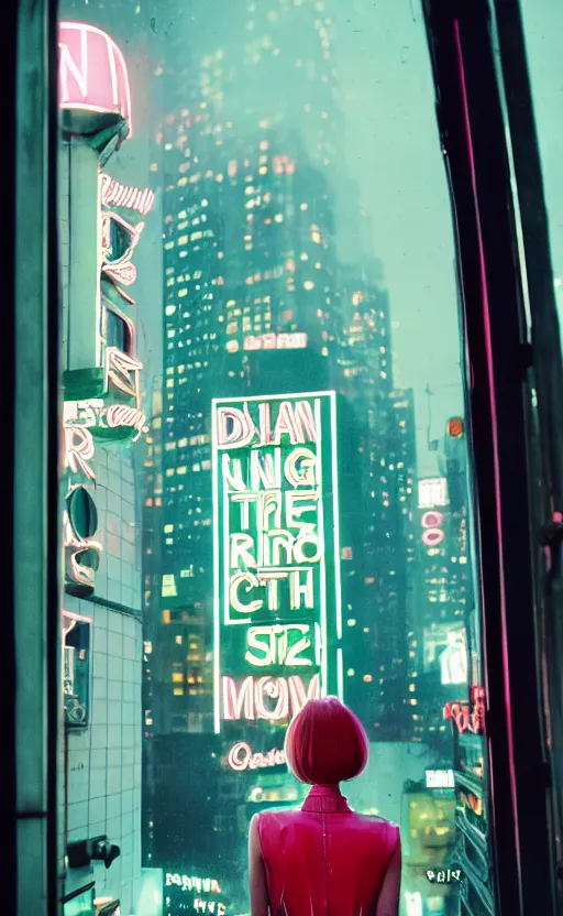 Image similar to vertical movie frame, girl in 7 0's retro restaurant, editorial, fashion, neon - decorated urban on night in the city seen through the window, modern architecture design, vintage, night, blade runner, dark, clean lines, asian futuristic city at distance, big windows, octane, wide angle