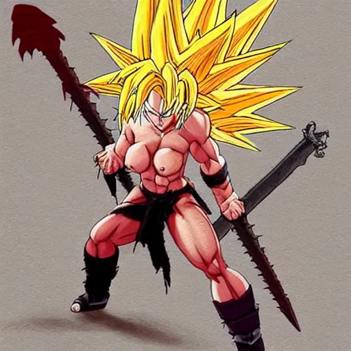 Image similar to saiyan girl, wild spiky red hair, long spiky hair, electrified hair, holding scimitar made of bone, scimitar, sword, jagged sword, curved sword, orkish sword, colorized, gray skin, hyper - detailed, primeval fantasy, prehistoric fantasy, drawn by frank frazetta