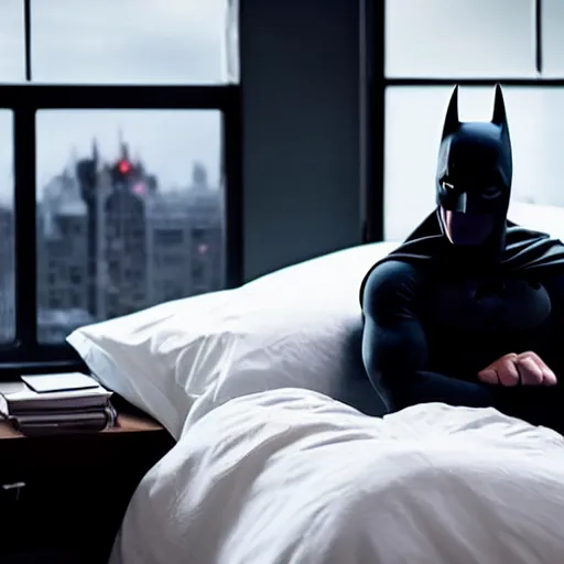 Image similar to man sleeping in bed with batman lurking menacingly in the window