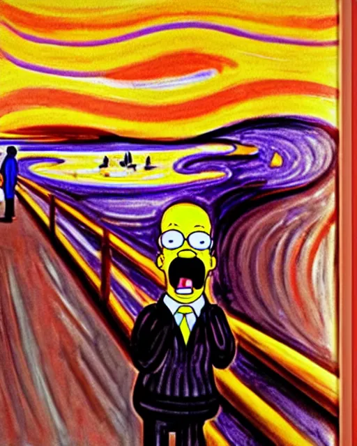 Image similar to a painting of homer simpson screaming in the scream by edvard munch