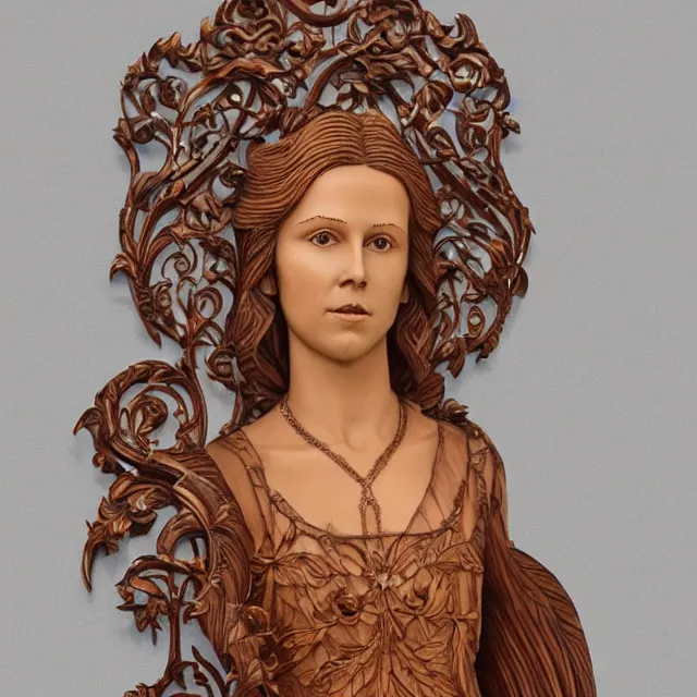 Prompt: a 3 d wooden mahogany art nouveau carved sculpture of a young millie bobby brown or alicia vikander with long hair blowing in the wind, in front of a delicate tracery pattern, intricate and highly detailed, well - lit, ornate, realistic, polished with visible wood grain