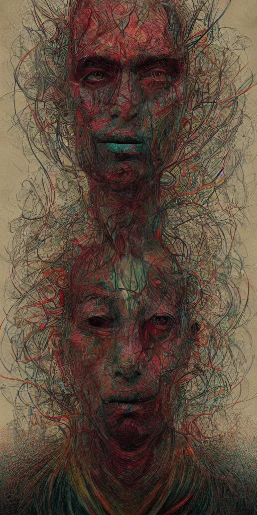 Image similar to portrait of a one man in the style of android jones and zdzislaw beksinski