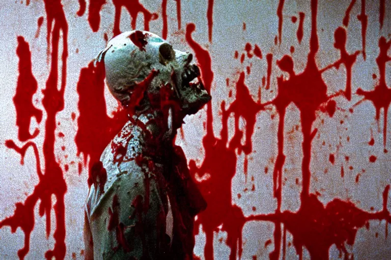 Image similar to filmic wide shot angle movie still 35mm film color photograph of a decapitated doctor with blood spewing from his neck and splattered blood all over the walls in a science lab in the style of a 1982 horror film
