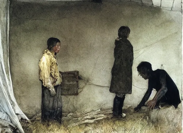 Image similar to poor child talking to an skinny teenager in a dirty makeshift hospital, painting by andrew wyeth and alan lee, very detailed, somber mood,