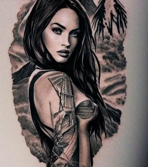 Image similar to double exposure effect tattoo design sketch of megan fox with beautiful mountain scenery, realism tattoo, in the style of matteo pasqualin, amazing detail, sharp