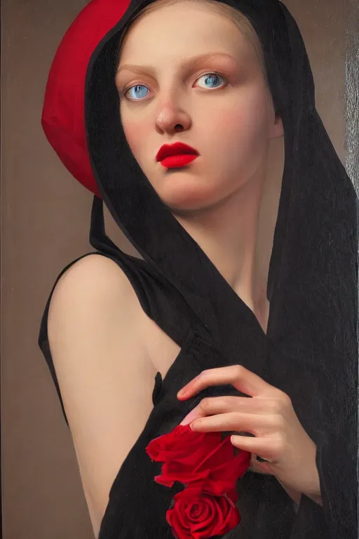 Prompt: hyperrealism extreme close-up portrait of nun in red paint, black roses in hair, in style of classicism