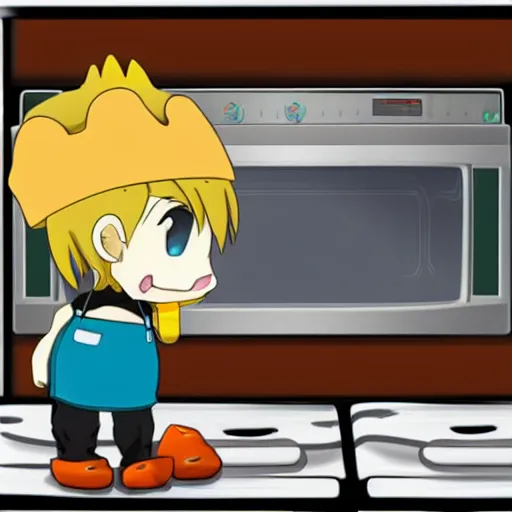 Image similar to anime cute platypus on a kitchen wearing a chef hat and holding a lasagna into an oven, anime style, chibi style, kawaii