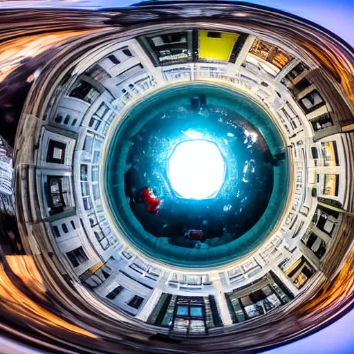 Image similar to fisheye underwater footage of a city street photography