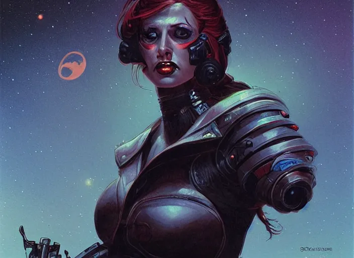 Image similar to portrait of female space pirate, night sky background, beautiful! coherent! by brom, deep color, strong line, high contrast