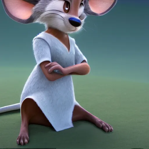 Image similar to 3 d render, portrait, anthropomorphic mouse, female, in a maxi white dress, in the style of zootopia, closeup, artstation