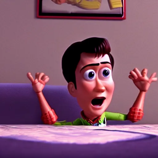 Image similar to hyper child with overactive imagination receiving behavioral therapy. CGI graphics from Toy Story 2 (1999). DreamWorks graphics. 3d