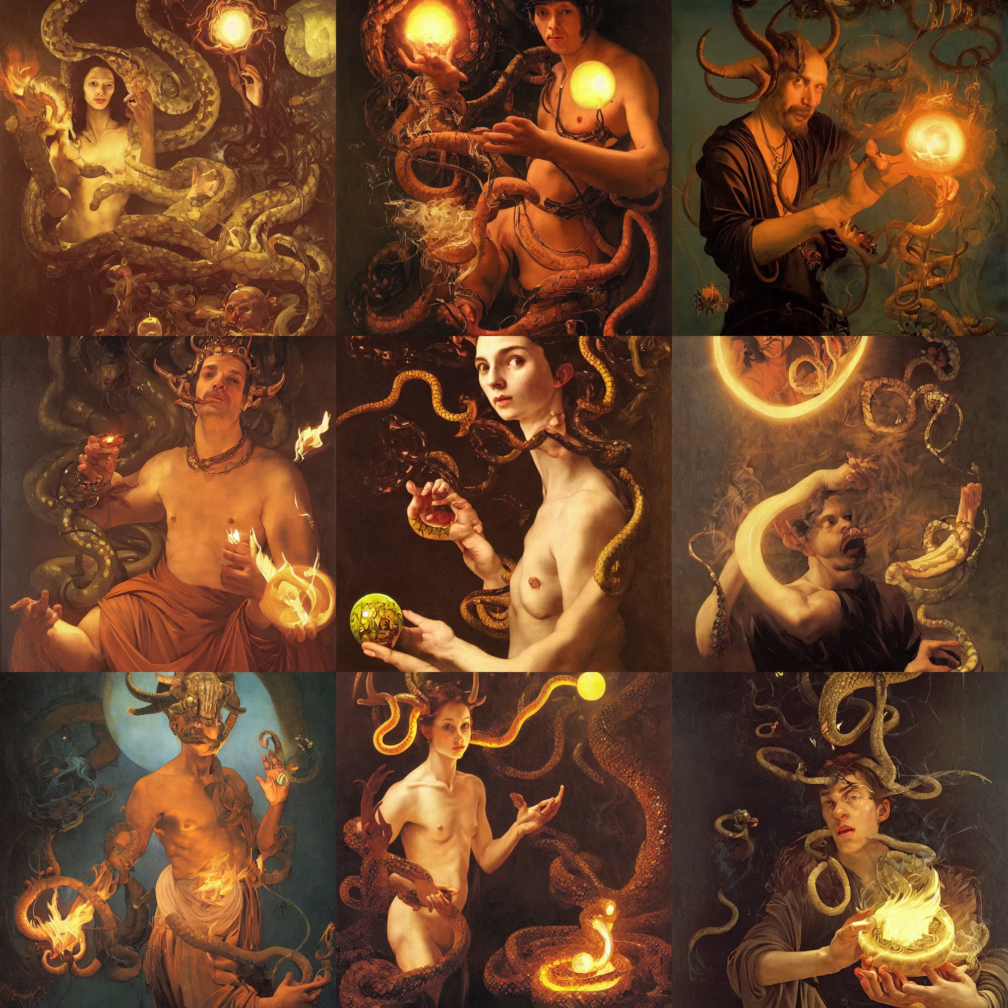 Prompt: portrait of a person with a luminous sphere in its hand, horns, snakes, smoke, flames, full-length, oil painting in a renaissance style , very detailed, out of focus background, painted by Caravaggio, Greg rutkowski, Sachin Teng, Thomas Kindkade, Alphonse Mucha, Norman Rockwell, Tom Bagshaw.