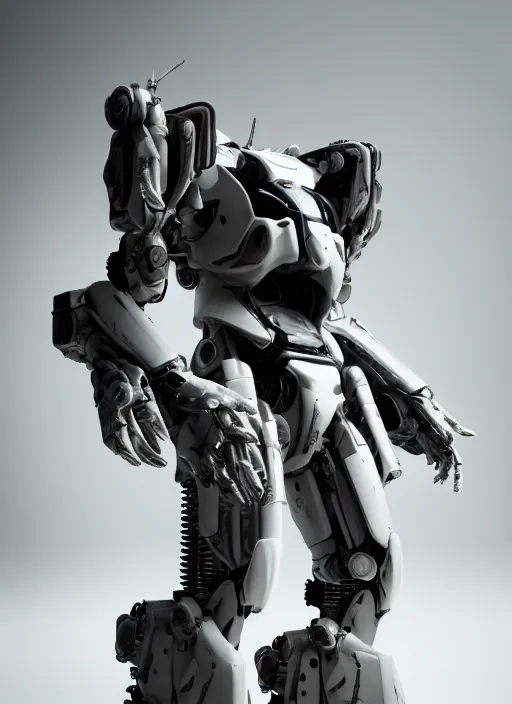 Image similar to a Photorealistic dramatic hyperrealistic full frame render of a futuristic exosuit warrior Mech,Ultra realistic details,glossy white metal,weathered surfaces,by Hidetaka Tenjin,Yoh Yoshinori,Yoji Shinkawa,Masamune Shirow,Beautiful dramatic dark moody tones and lighting,cinematic atmosphere,studio lighting,shadows,dark background, Octane render,8K