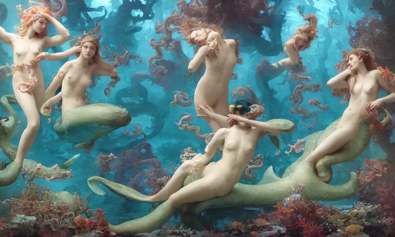 Prompt: a luminous springtime fairytale of beautiful realistic mermaids frolicking together among octopuses and fish and coral and seahorses in the romantic underwater baroque kingdom of Neptune. Neon light, masterpiece 4k digital illustration by Ruan Jia and Mandy Jurgens and William-Adolphe Bouguereau, award winning, Artstation, Gustave Dore' background, intricate details, realistic, panoramic view, volumetric lighting, sun rays beaming, Hyperdetailed, 8k resolution, golden hour, intricate art nouveau, smooth, sharp focus, rendered in Unreal Engine 3