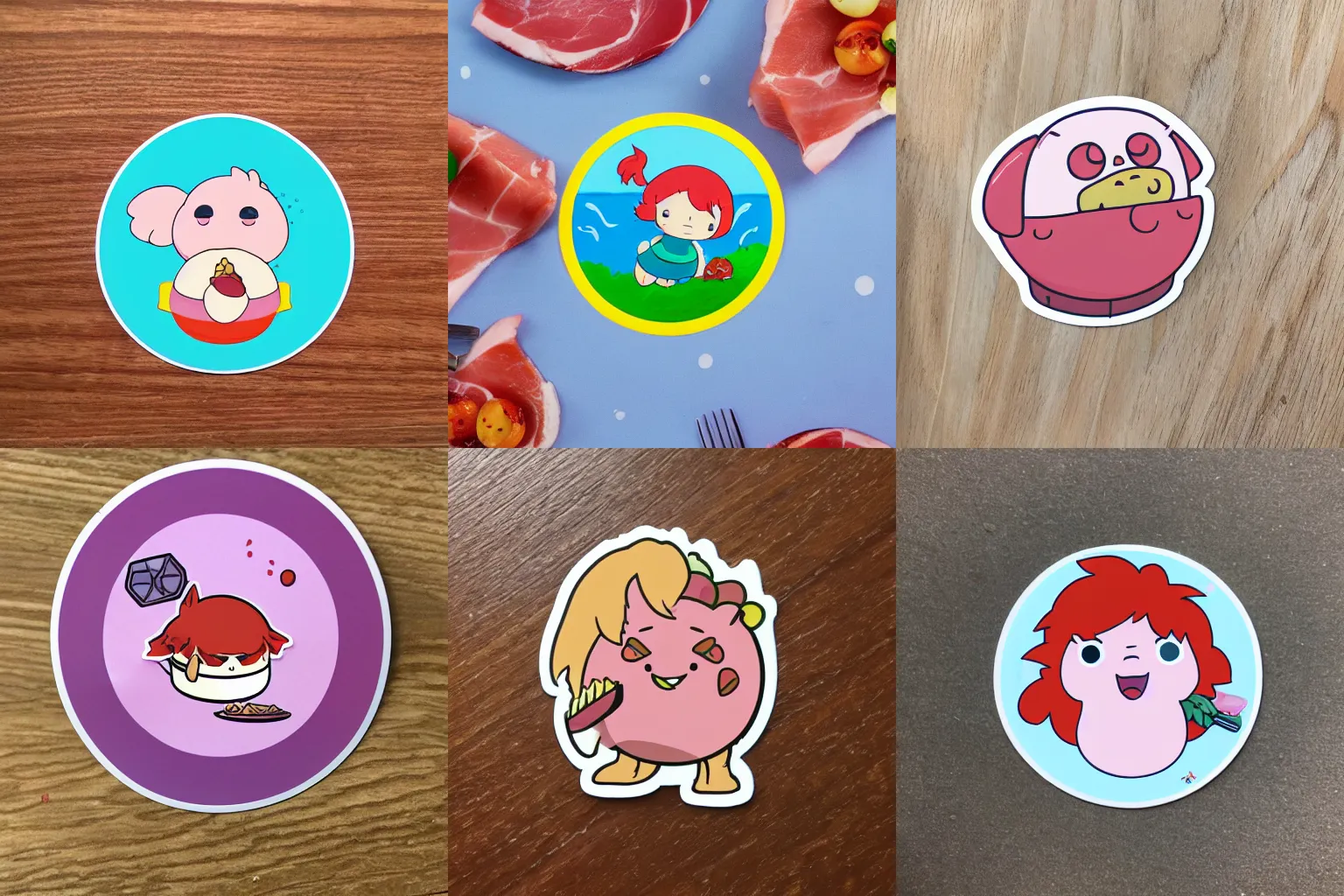 Prompt: sticker of ponyo eating ham