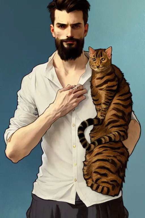 Image similar to full body portrait of a single beautiful young fit man, modern haircut, open shirt, large pants, holding a detailed photorealistic cat in his arms. by greg rutkowski and alphonse mucha, d & d character, in front of a modern room background, highly detailed portrait, digital painting, artstation, concept art, smooth, sharp focus ilustration, artstation hq