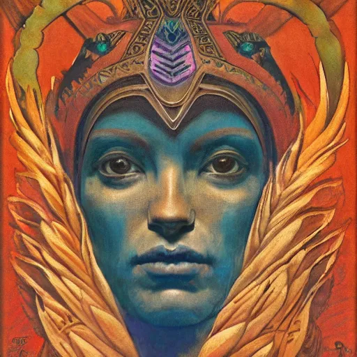 Image similar to the dawn crown, by Annie Swynnerton and Nicholas Roerich and Diego Rivera, bioluminescent skin, feather tattoos, elaborate costume, geometric ornament, symbolist, soft colors, smooth, sharp focus, extremely detailed