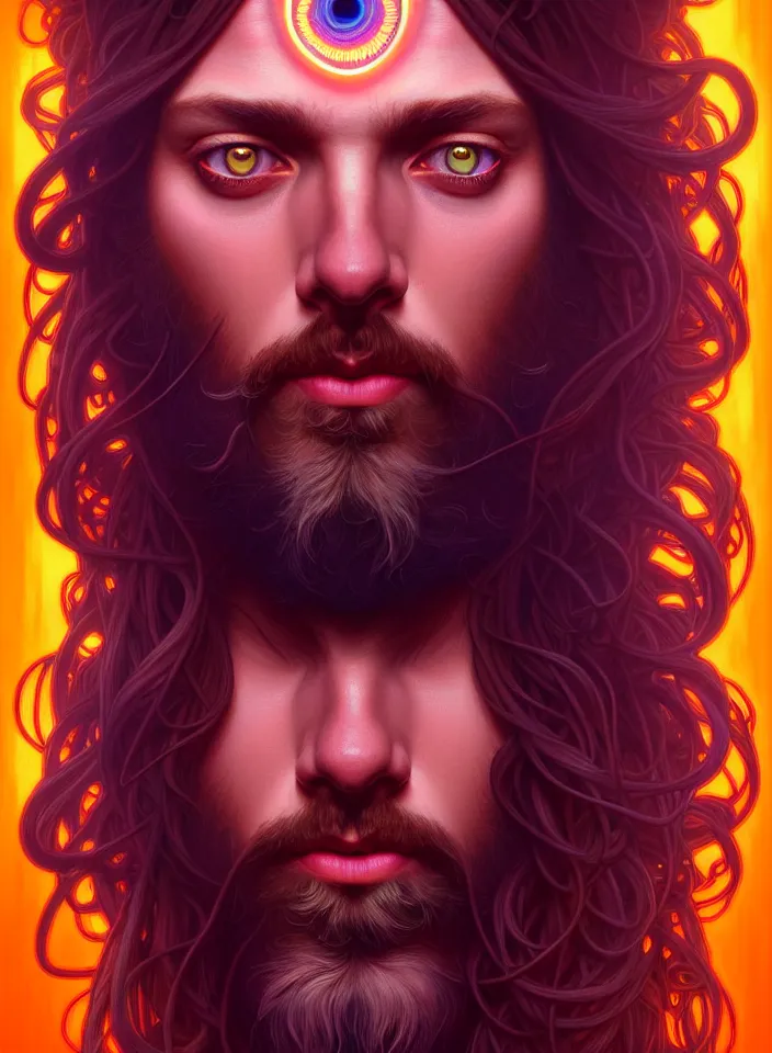 Prompt: symmetry!! portrait of a hippie man, boho outfit, neon glowing eyes!! ambient, intricate, elegant, highly detailed, digital painting, artstation, symmetric concept art, smooth, sharp focus, illustration, art by artgerm and greg rutkowski and alphonse mucha, 8 k