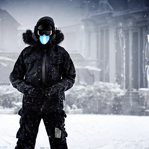 Prompt: man wearing arctic clothing, hood, ski goggles, and a ballistic vest, in snow storm, apocalyptic.