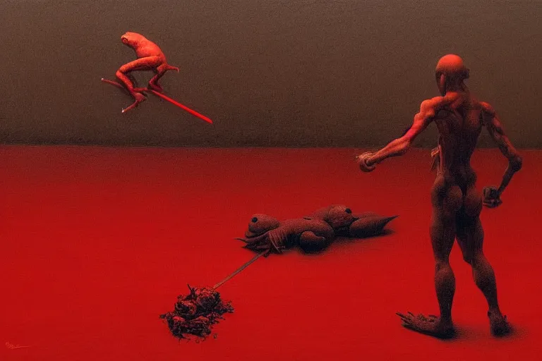 Image similar to only with red, a red samurai do seppuku, tokio, a lot of frogs watch, in the style of beksinski, parts by edward hopper, parts by rodcenko, parts by yue minjun, intricate and epic composition, red by caravaggio, insanely quality, highly detailed, masterpiece, red light, artstation, 4 k