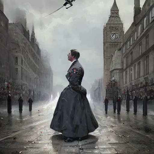 Image similar to adolf hitler wearing a dress in london geog darrow greg rutkowski