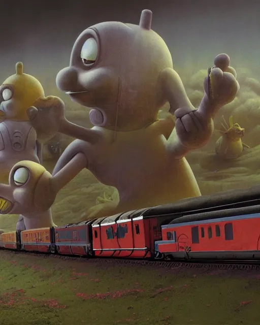 Image similar to still frame from thomas and friends by giger, happy teletubbies train by wayne barlowe, eldrich see thomas train by beksinski, grandiose demonic train with locomotive and endless wagons, 🚂