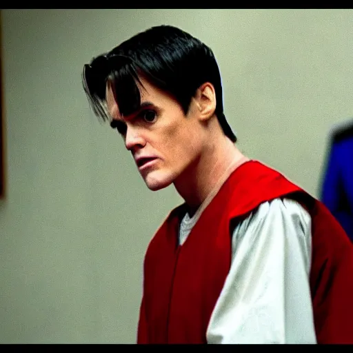 Prompt: cinematic shot of young jim carrey as phoenix wright in court