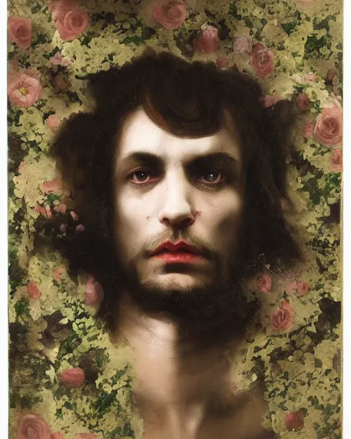 Image similar to a beautiful and eerie baroque painting of a beautiful but serious man in layers of fear, with haunted eyes and dark hair, 1 9 7 0 s, seventies, floral wallpaper, wilted flowers, a little blood, morning light showing injuries, delicate embellishments, painterly, offset printing technique, by robert henri, walter popp, alan lee