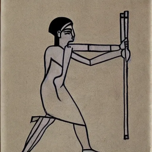 Image similar to Egyptian drawing of a man using a shake weight, ancient, photorealistic