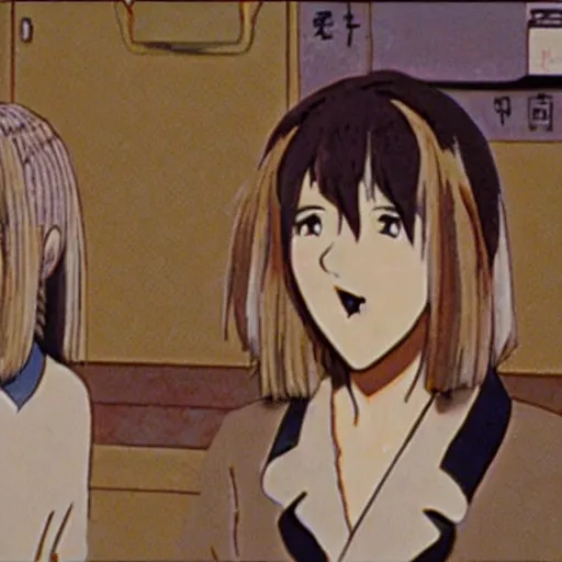 Image similar to screenshot from guro anime, 8 0's horror anime, yellowed grainy vhs footage with noise, four schoolgirls trapped in a bathroom, bathroom stalls and sinks and tiled floor, girls are in beige sailor school uniforms, one girl has white hair, detailed expressive faces, various hair colors and styles, in the style of studio ghibli,