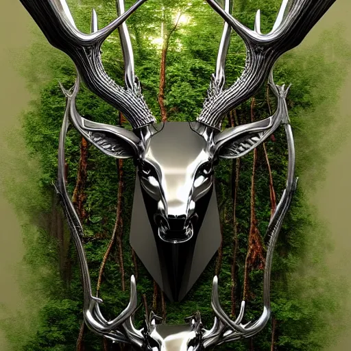 Image similar to chrome stag made of corvette parts in a lush forest :: moody, ornate, dynamic, particulate, intricate, elegant, highly detailed, centered, artstation, smooth, sharp focus, octane render