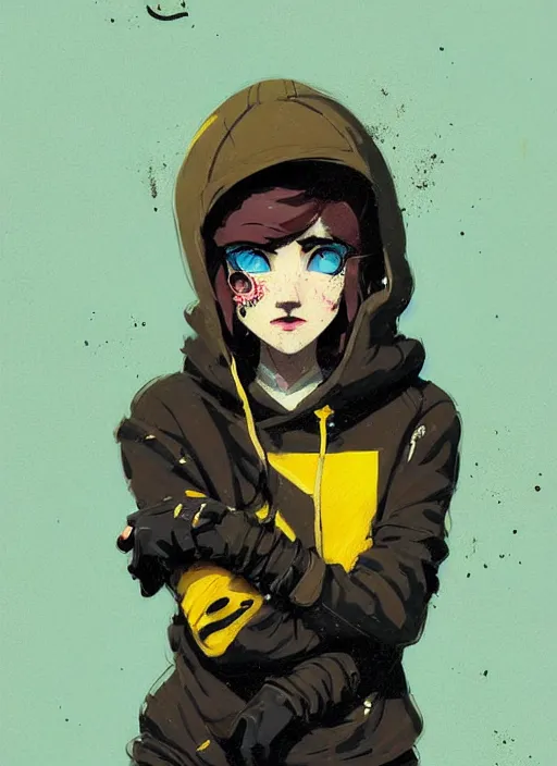 Prompt: highly detailed portrait of a sewerpunk student lady, blue eyes, hoody, beanie hat, black curly hair by atey ghailan, james gilleard, by greg rutkowski, by greg tocchini, by kaethe butcher, gradient yellow, black, brown and cyan color scheme, grunge aesthetic!!! ( ( graffiti tag wall background ) )