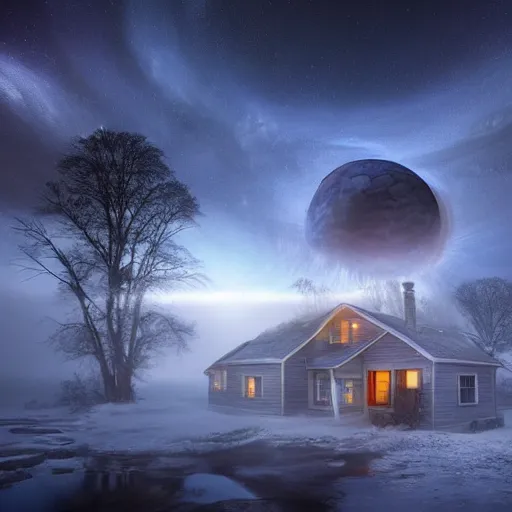 Prompt: amazing photo of a house in a planet without gravity, digital art, by marc adamus, beautiful dramatic lighting