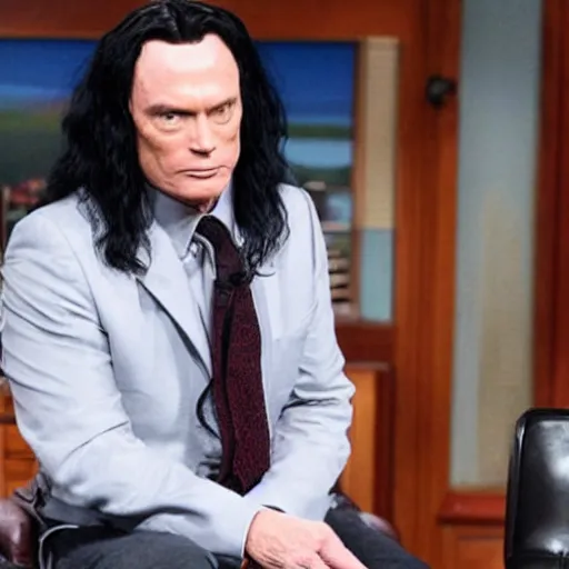 Image similar to Tommy Wiseau as a guest on the TV show Spencer's BIG 30