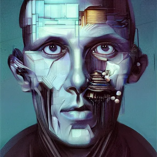 Image similar to surreal portrait of a man by Greg Rutkowski, symmetrical face, he is about 50 years old, short black hair with bangs, his features are a mix between French, Turkish and Russian, transformed into a kind of biomechanical transhuman god, blue glowing eyes, expression of epiphany and determination, cosmic void background, frightening, fascinating, highly detailed portrait, digital painting, book cover, artstation, concept art, smooth, sharp foccus ilustration, Artstation HQ