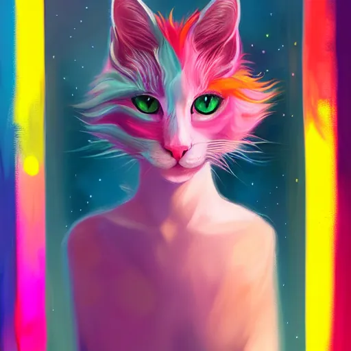 Image similar to colorful and festive cat with pink hair,. rich vivid colors, ambient lighting, dynamic lighting, 4 k, atmospheric lighting, painted, intricate, highly detailed by charlie bowater