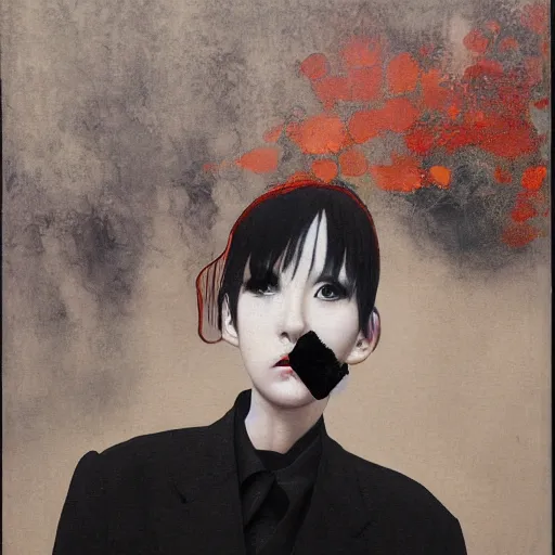 Image similar to yoshitaka amano blurred and dreamy minimalistic oil portrait of a young woman with black lipstick and black eyes wearing dress suit with tie, junji ito abstract patterns in the background, satoshi kon anime, noisy film grain effect, highly detailed, renaissance oil painting, wide brush strokes, weird portrait angle, blurred lost edges