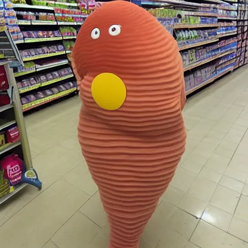 Prompt: giant worm creature in sainsburys